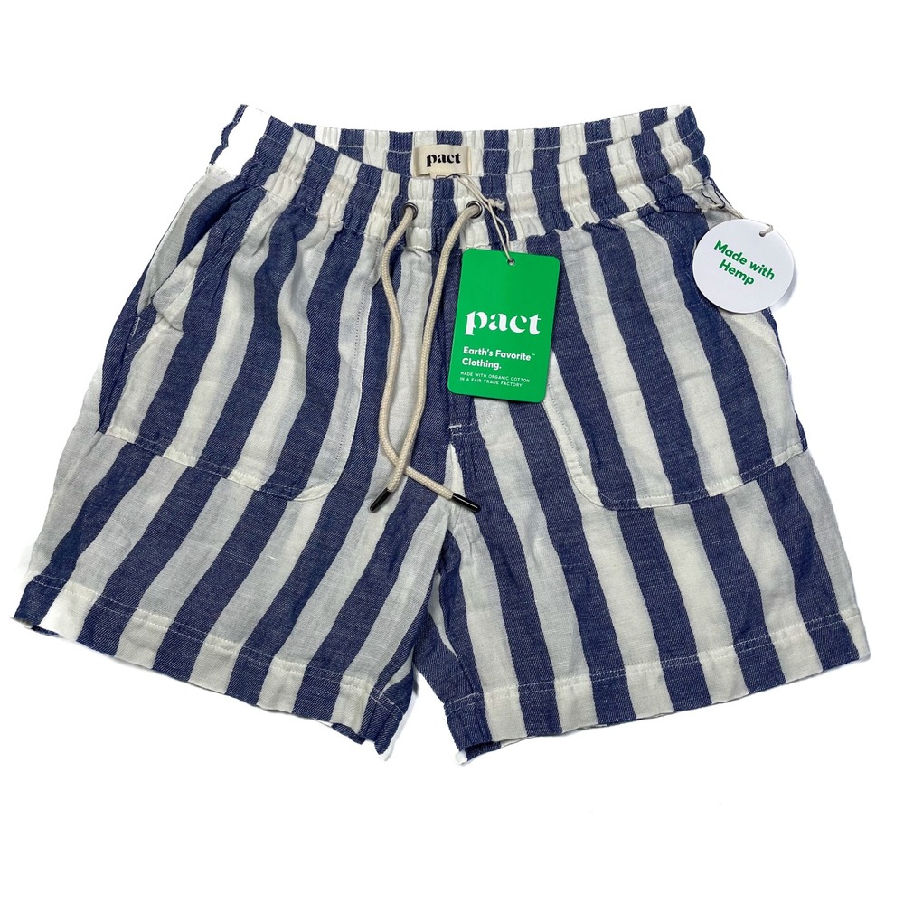 Pact NEW‎ Organic Cotton Hemp Shorts Striped  Blue & White Nautical Casual Sz S